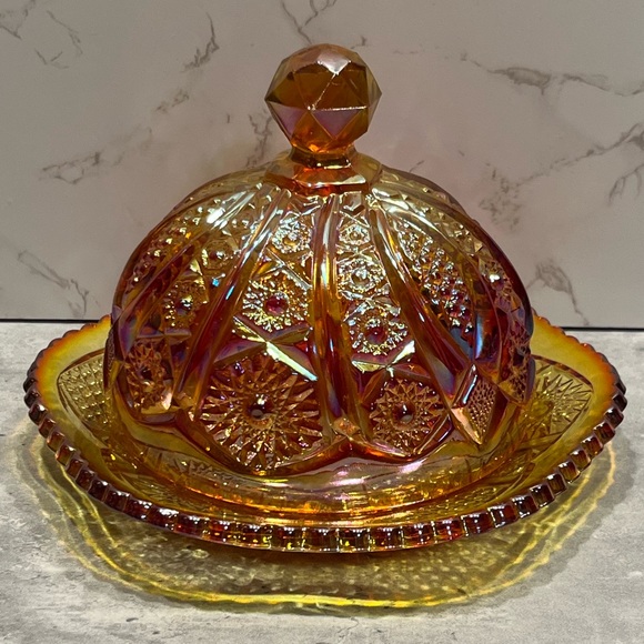 Indiana Glass Co. Iridescent Sunset Carnival Glass Round Butter Dish orange - Picture 2 of 14